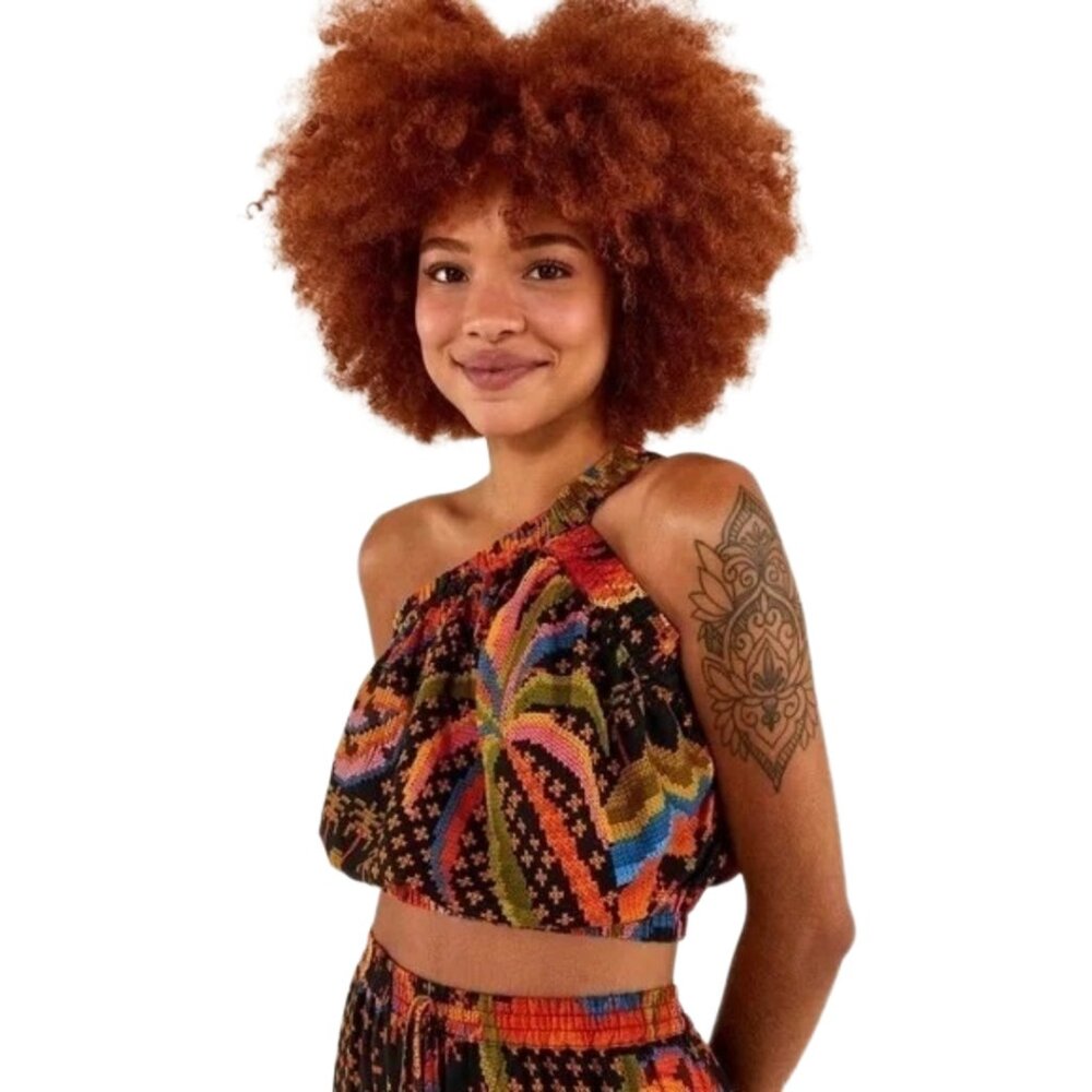 Farm Rio One Shoulder Linen Blend Macaw Island Crop Top Summer Resort Boho